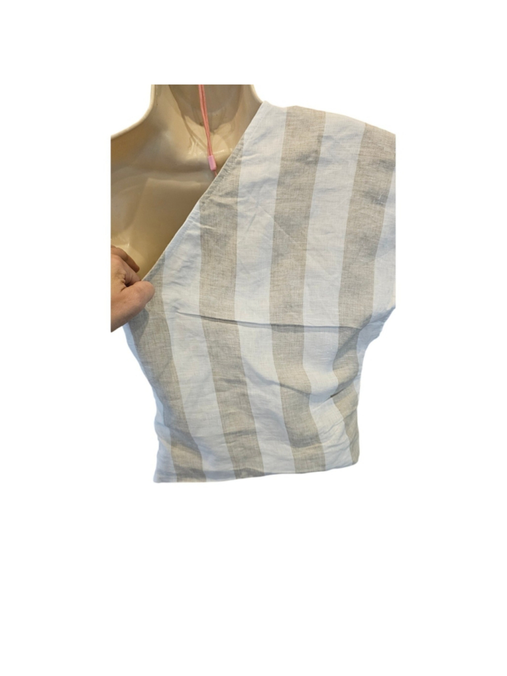 Olivaceous sz S neutral striped Linen sd zip one shoulder blouse EUC summer crop - Picture 6 of 11